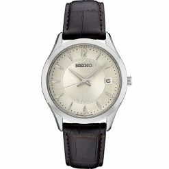 Seiko Men's Essential Cream Dial Brown Leather Strap Watch - SUR421
